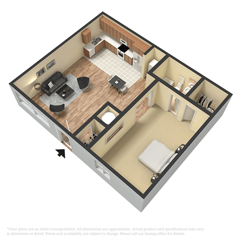 3d floor plan of a home with a bedroom and a living room